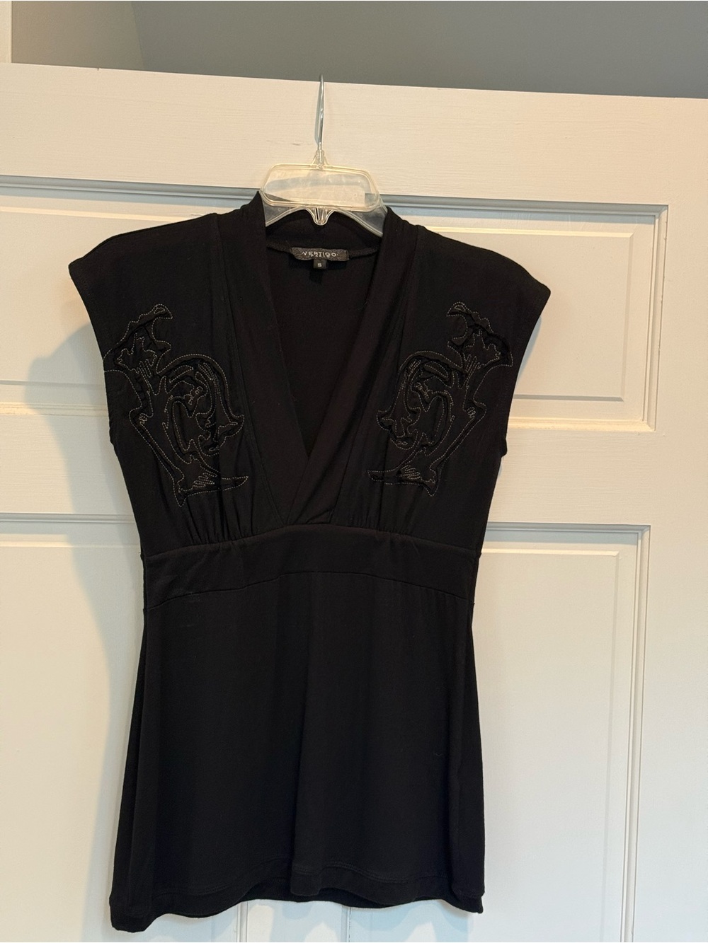 Vertigo Paris Black V-Neck Embroidered Women’s Dress Top